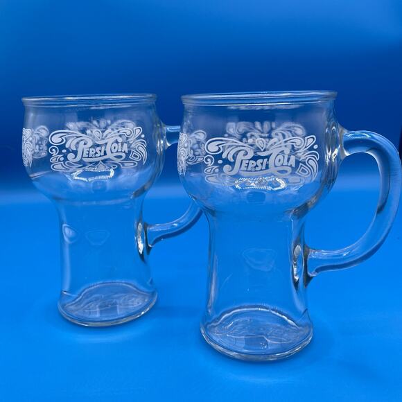 Vintage Lot of 2 Pepsi Cola Mug Glasses Embossed Bottom Design Handle - Picture 1 of 7